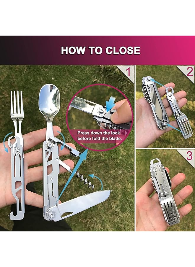 SYOSI Folding Camping Cutlery Set 5 in 1 Multifunctional Travel Pocket Cutlery Folding Spoon Fork Knife Bottle Opener Can Portable Set Utensil for Travel Hiking Picnic with Drawstring Pouch  - Image 4