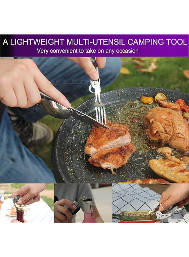 SYOSI Folding Camping Cutlery Set 5 in 1 Multifunctional Travel Pocket Cutlery Folding Spoon Fork Knife Bottle Opener Can Portable Set Utensil for Travel Hiking Picnic with Drawstring Pouch  - Image 3