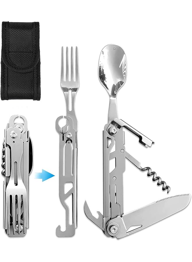 SYOSI Folding Camping Cutlery Set 5 in 1 Multifunctional Travel Pocket Cutlery Folding Spoon Fork Knife Bottle Opener Can Portable Set Utensil for Travel Hiking Picnic with Drawstring Pouch  - Image 1