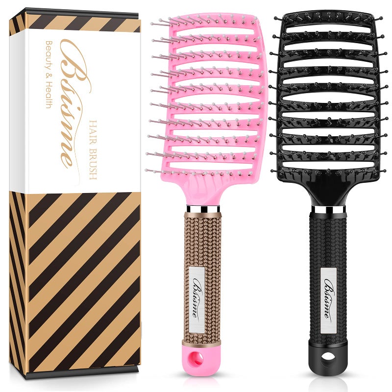 Bsisme Hair Brush Set, Curved Vented Detangling Hair Brushes for Women Men Kids, Professional Vent Styling Brush for Wet Dry Curly Thick Straight Hair Fast Blow Drying Brush (Pink+ Black) - Image 1