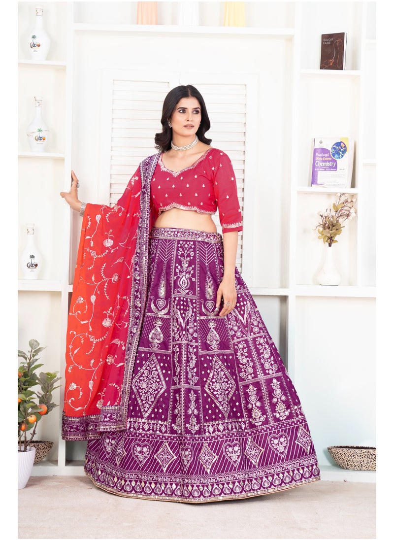 Super Asian Jalpari Silk Embroidered Lehenga Set with Digital Print Dupatta – Premium 3m+ Flair Design  - Image 4