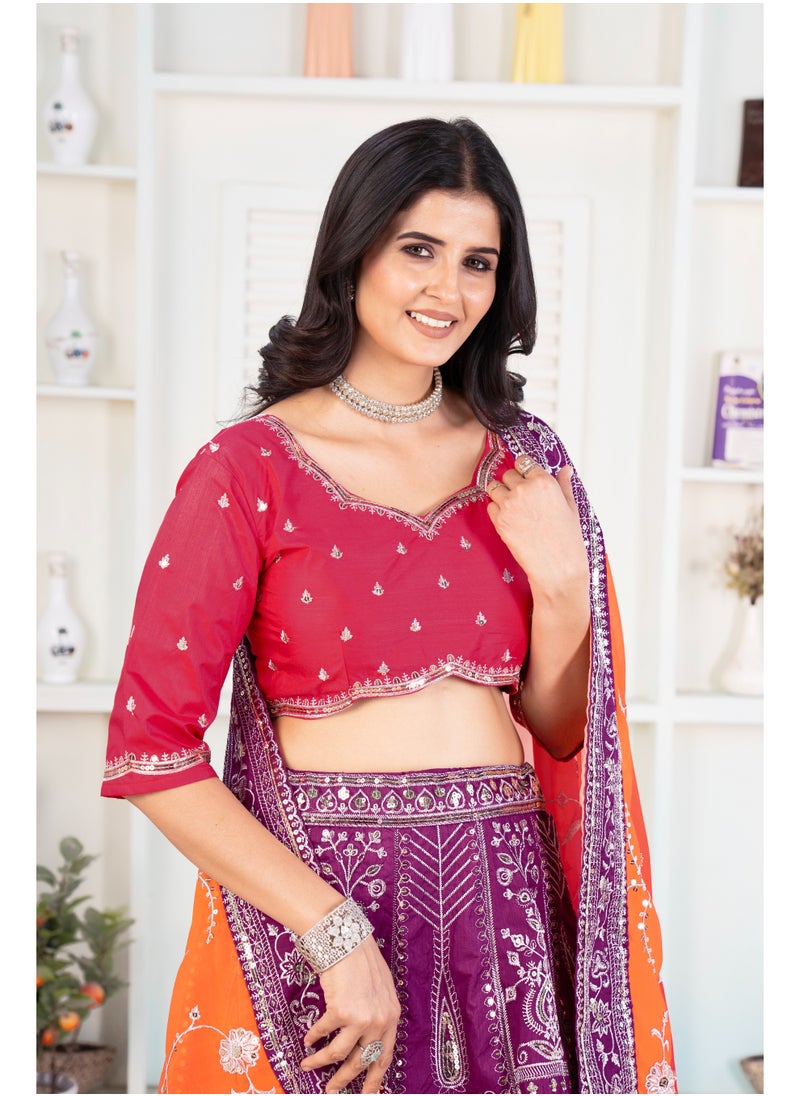 Super Asian Jalpari Silk Embroidered Lehenga Set with Digital Print Dupatta – Premium 3m+ Flair Design  - Image 2