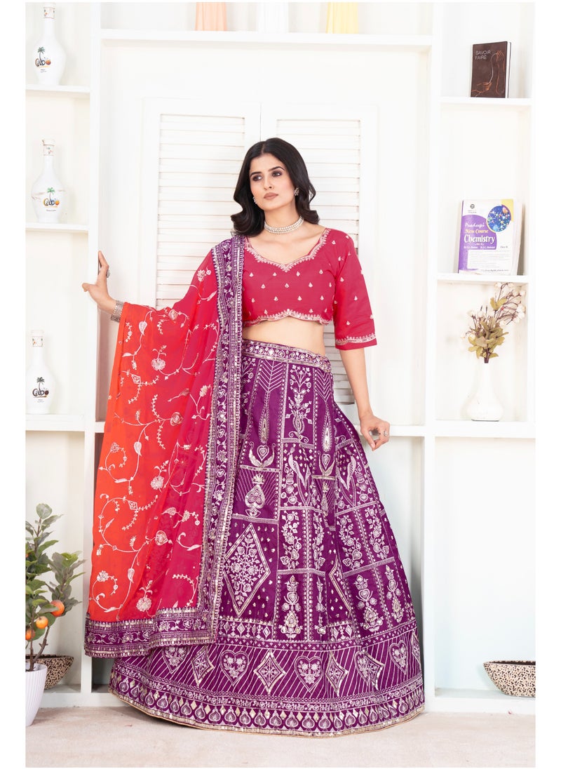 Super Asian Jalpari Silk Embroidered Lehenga Set with Digital Print Dupatta – Premium 3m+ Flair Design  - Image 1
