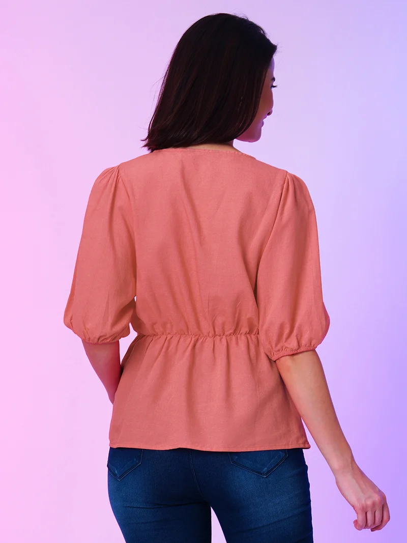 globus Women V Neck Puff Sleeve Regular Casual Top