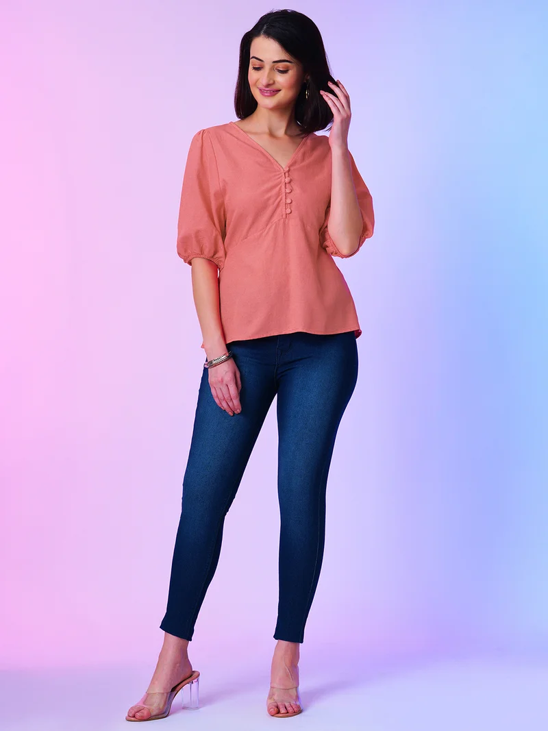 globus Women V Neck Puff Sleeve Regular Casual Top