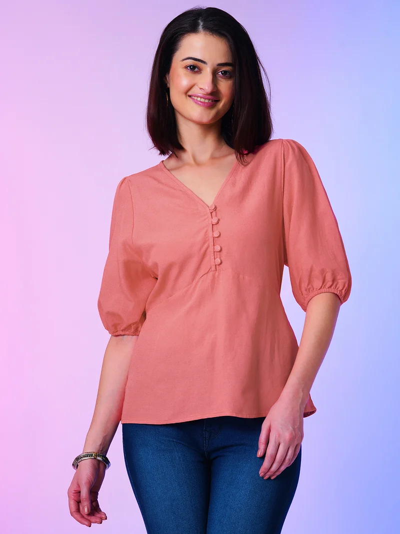 globus Women V Neck Puff Sleeve Regular Casual Top