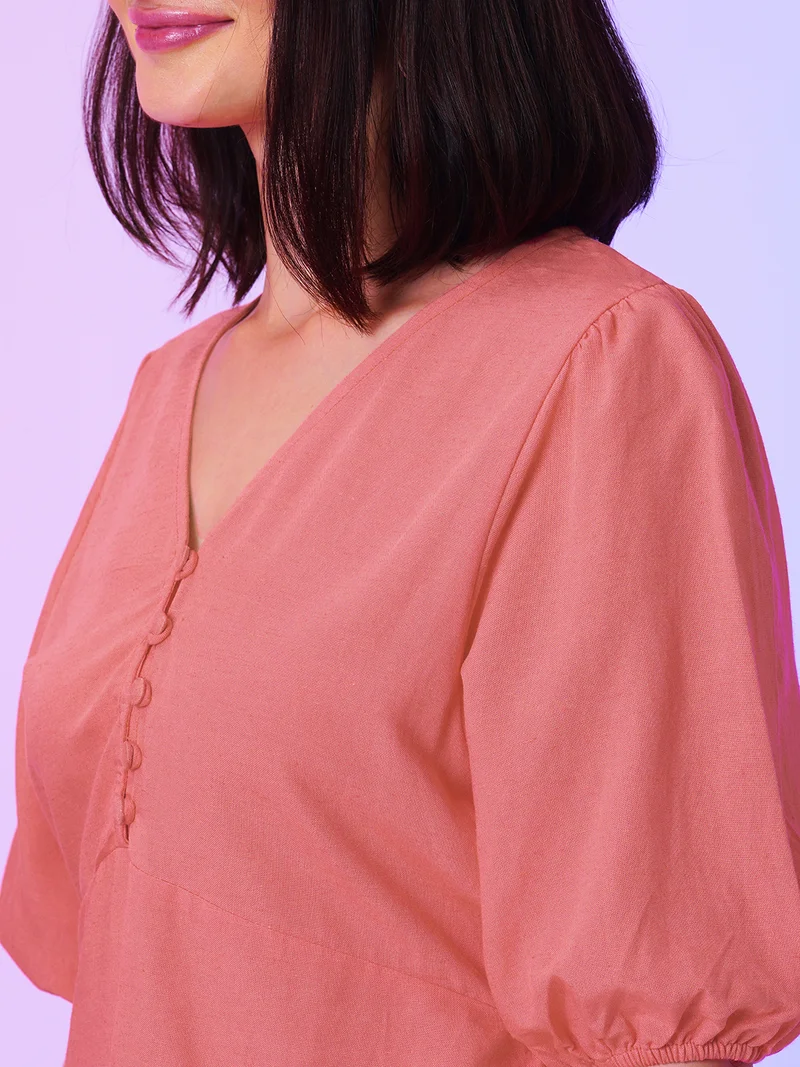 globus Women V Neck Puff Sleeve Regular Casual Top