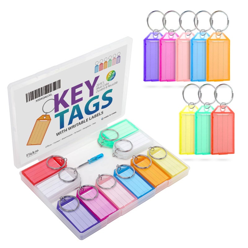 Flickzo 20 Pack Plastic Key Tags with Labels and Rings, 9 Colors (8 Bright + 1 Clear) Key Identifiers, Keychain Tags Label for Keys, Luggage, Backpacks, Pets, Office, Warehouse & Home - Image 1