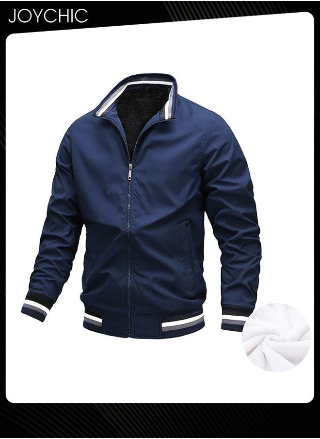 Joychic Casual Autumn and Winter Solid Color Lightweight Jacket Velvet Cotton Windproof Waterprood Warm Zipper Coat for Men Outdoor Blue  - Image 1