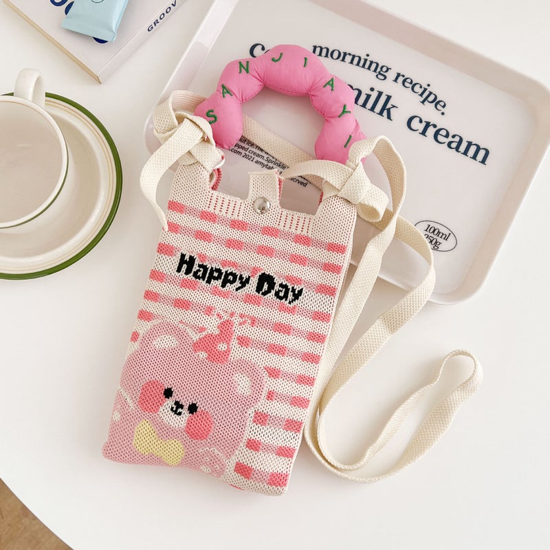 New Korean Version Of The Small Cute Cartoon Mini Knitted Mobile Phone Bag Joker Small Slung Small Square Bag - Image 5