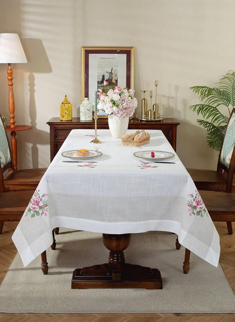 MONKDECOR Premium Linen Embroidery 6 Seater Dining Table Cover Size60x90 inches LinenCrossstitch Pink - Image 4