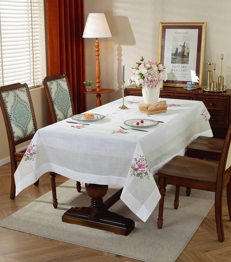 MONKDECOR Premium Linen Embroidery 6 Seater Dining Table Cover Size60x90 inches LinenCrossstitch Pink - Image 1