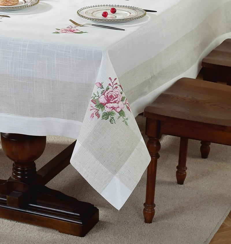 MONKDECOR Premium Linen Embroidery 6 Seater Dining Table Cover Size60x90 inches LinenCrossstitch Pink - Image 2