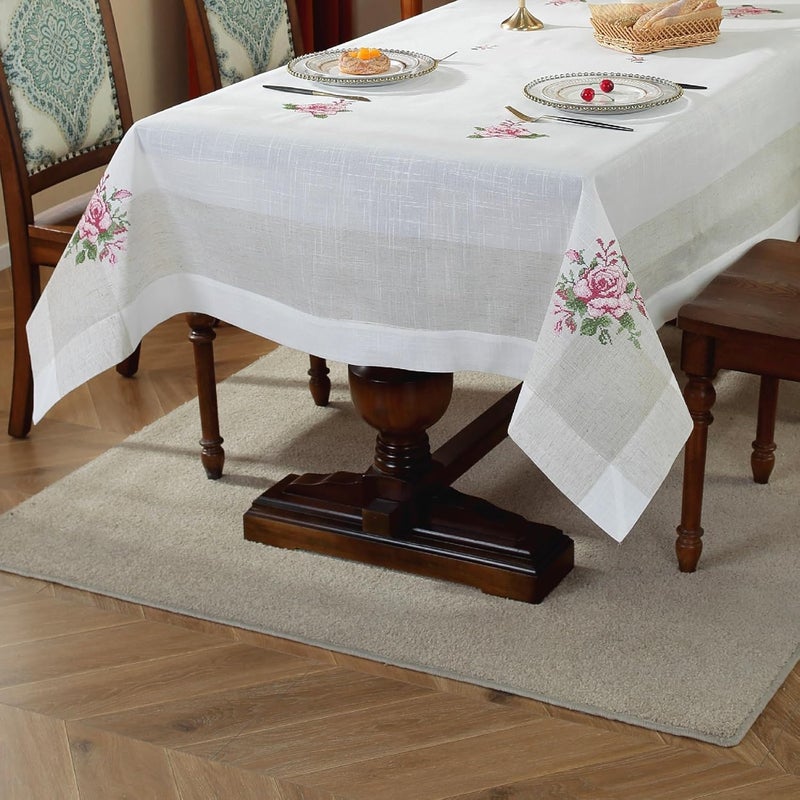 MONKDECOR Premium Linen Embroidery 6 Seater Dining Table Cover Size60x90 inches LinenCrossstitch Pink - Image 3