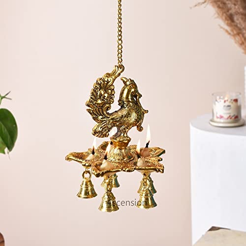 Ascension Antique Peacock Diya with Bells & Chain for Home, Temple Metal Hanging Diya for Diwali, Pooja Room , Home Decoration - Image 2