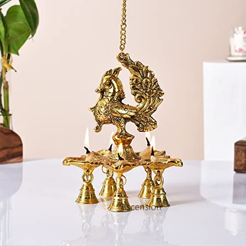 Ascension Antique Peacock Diya with Bells & Chain for Home, Temple Metal Hanging Diya for Diwali, Pooja Room , Home Decoration - Image 1