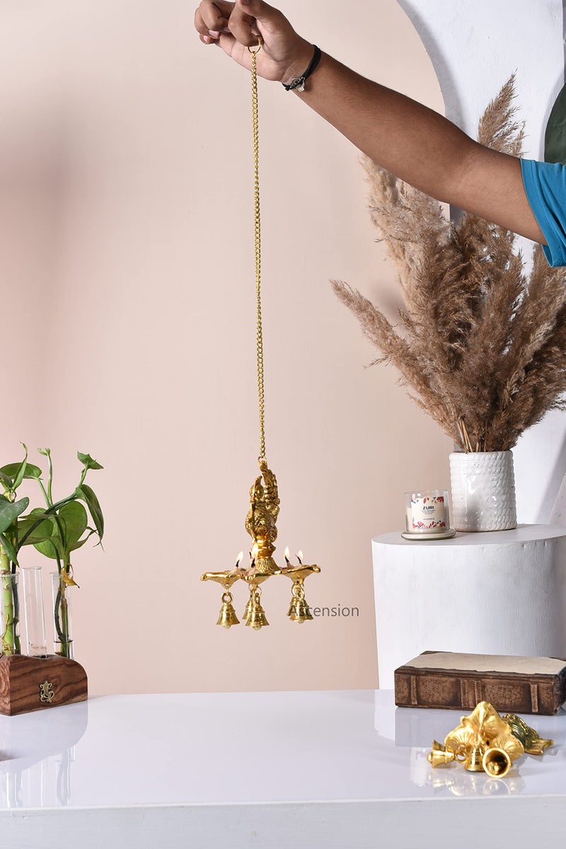 Ascension Antique Peacock Diya with Bells & Chain for Home, Temple Metal Hanging Diya for Diwali, Pooja Room , Home Decoration - Image 3