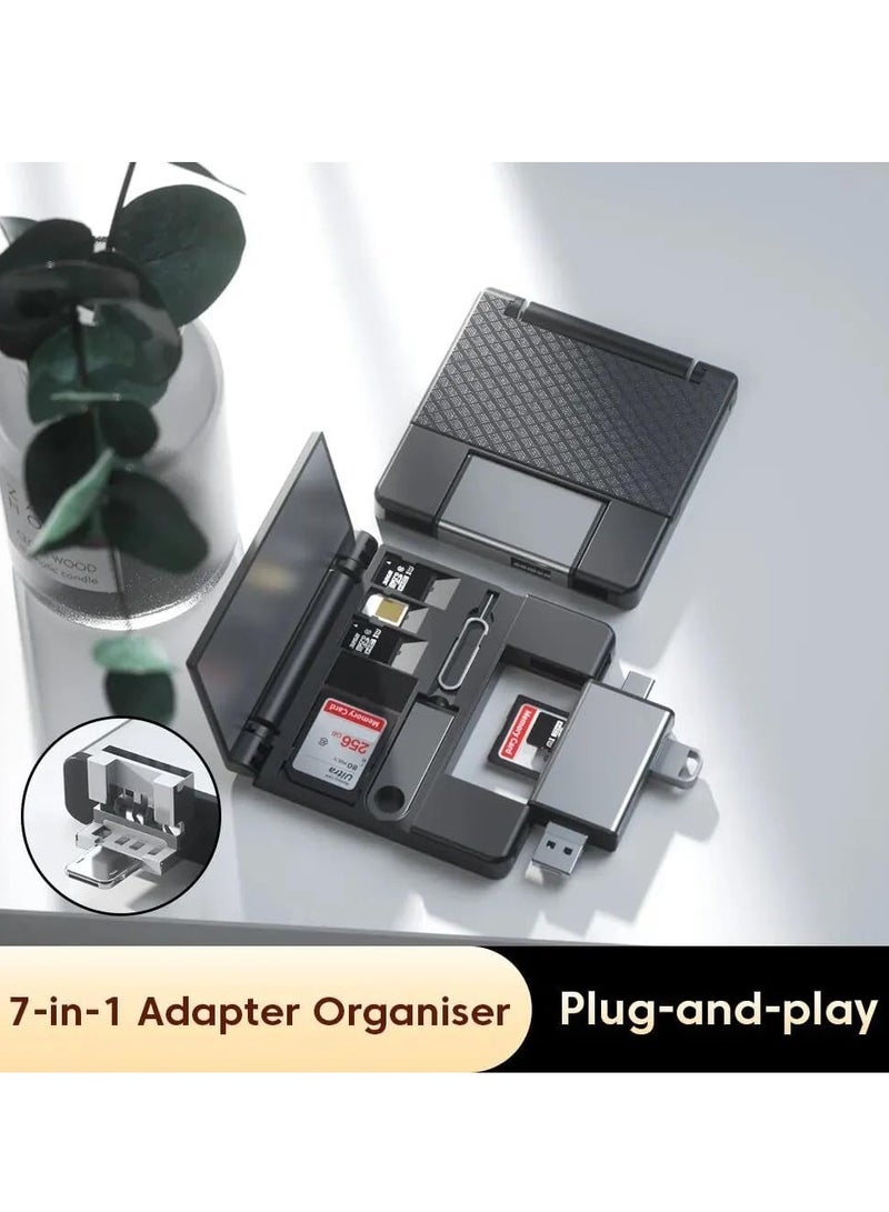 صندوق تخزين قارئ بطاقات متعدد الوظائف 7 في 1، بطاقة SD، صندوق بطاقات Micro SD، محول OTG USB2.0، صندوق تخزين بطاقات محول من النوع C (أسود) - Image 2