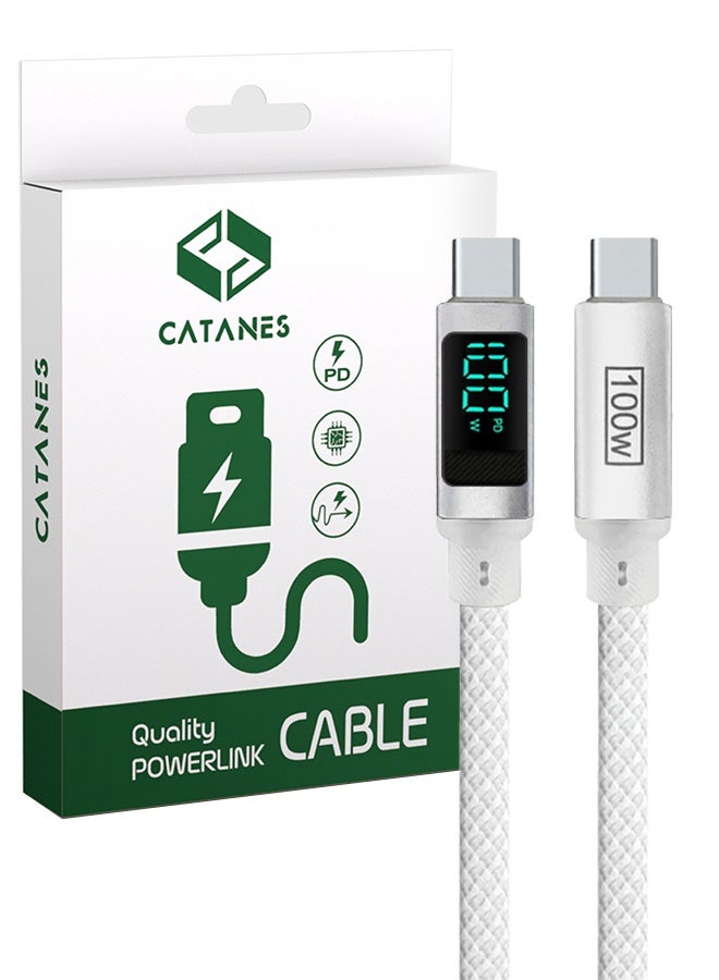 CATANES 100W Fast Charging Cable USB-C to USB-C Built-in Power Display, PD 3.0 & Durable Braided Design 1M - White - Image 2