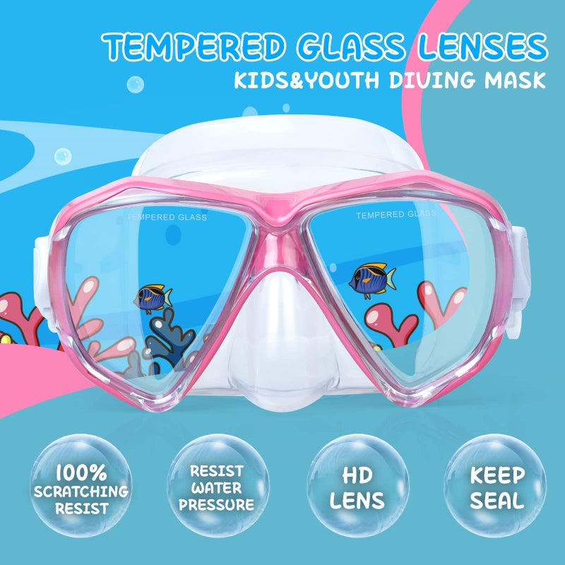 EXP VISION Kids Snorkel Diving Mask 180° Anti-Fog Child Swim Mask, Tempered Glass Swim Goggles with Nose Cover Anti-Leak Swim Goggles for Swimming Diving Snorkeling for 4-14 Boys Girls Youth (Pink) - Image 2