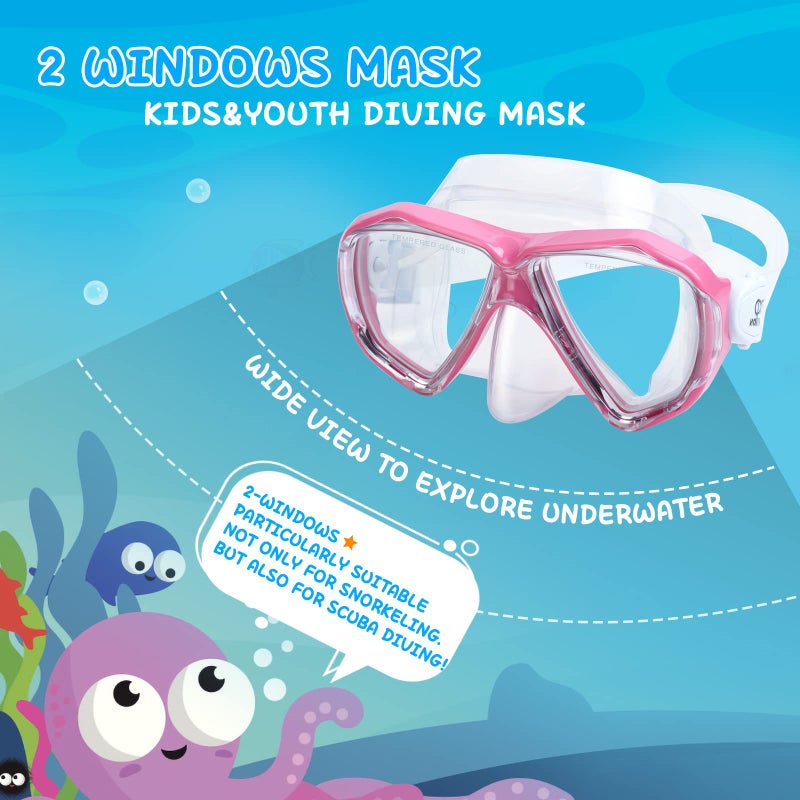 EXP VISION Kids Snorkel Diving Mask 180° Anti-Fog Child Swim Mask, Tempered Glass Swim Goggles with Nose Cover Anti-Leak Swim Goggles for Swimming Diving Snorkeling for 4-14 Boys Girls Youth (Pink) - Image 3