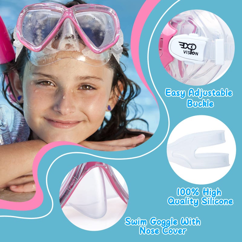 EXP VISION Kids Snorkel Diving Mask 180° Anti-Fog Child Swim Mask, Tempered Glass Swim Goggles with Nose Cover Anti-Leak Swim Goggles for Swimming Diving Snorkeling for 4-14 Boys Girls Youth (Pink) - Image 4