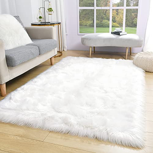 Noahas 3 x 5 White Faux Sheepskin Rug,Luxury Fluffy Faux Fur Rugs for Bedroom,Washable Area Rugs,Bedroom Rug,Furry Carpet Shag Rug,Soft Throw Rugs for Living Room Decor - Image 1
