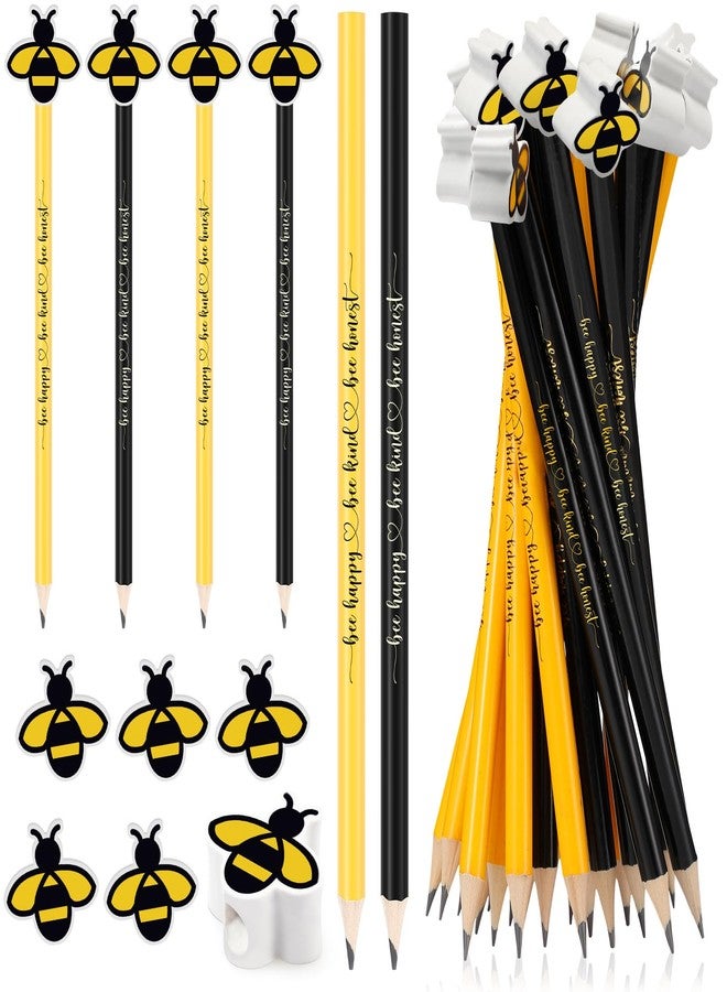PerKoop 48 Sets Inspirational Bee Pencils with Top Erasers Spelling Bee Decorations Positive Pre-sharpened Bees Kind Pencils Bees Party Favors for Students Prizes Classroom Rewards - Image 1
