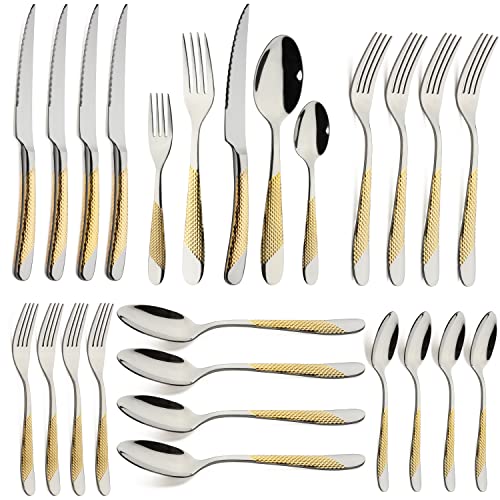 X-zrew Gold Silverware Set 20-Piece Stainless Steel Flatware Cutlery Set Service for 4 Kitchen Tableware Utensil Set Includes Knives Spoons Forks For Home Kitchen Restaurant - Image 1