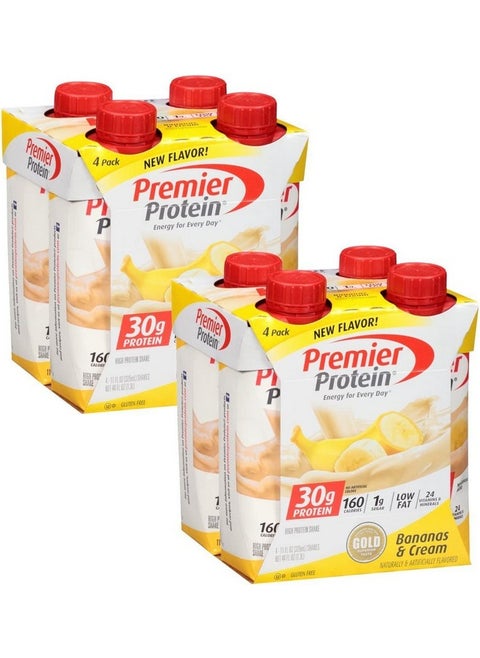 Premier Protein 30G Protein Shakes, Bananas & Cream, 11 Fluid Ounces, 4 Count (Pack Of 2)