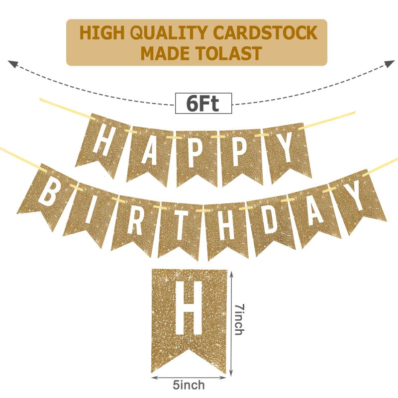 Netnology Pre-Strung Gold Happy Birthday Banner Decorations,12 ft No DIY Gold Glitter Birthday Party Banner Sign Decor for Women Men Girl Boy Party Supplies - Image 2