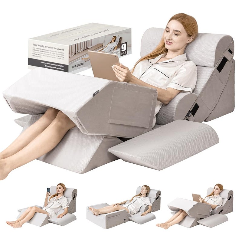FifthQuarter 9PCS Orthopedic Bed Wedge Pillow Set for After Surgery Recovery, Body Positioners for Back and Leg Pain Relief, Adjustable Memory Foam Comfort for Sitting up in Bed, Ideal for Adult Acid Reflux & GERD - Image 1