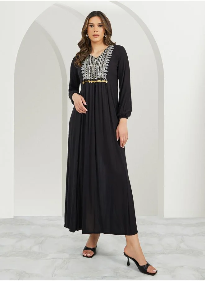 Styli Textured Embroidered V-Neck A-Line Jalabyia with Coins Tassel Detail