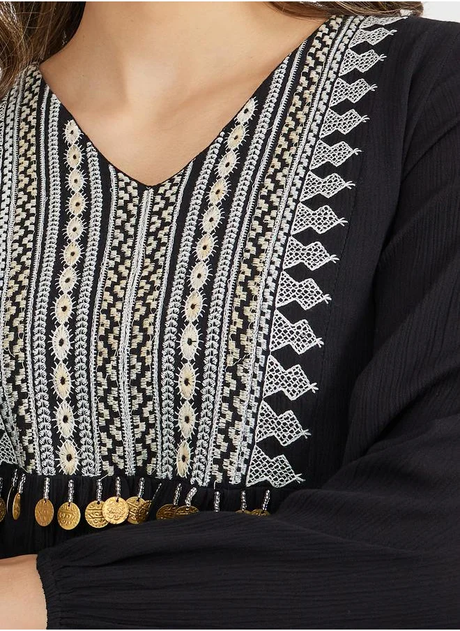 ستايلي Textured Embroidered V-Neck A-Line Jalabyia with Coins Tassel Detail