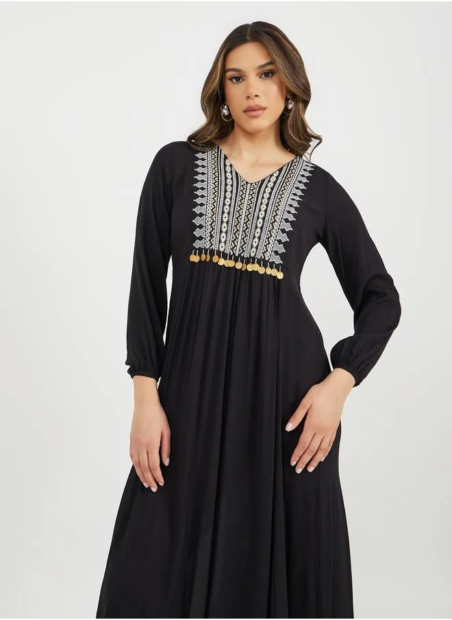 ستايلي Textured Embroidered V-Neck A-Line Jalabyia with Coins Tassel Detail