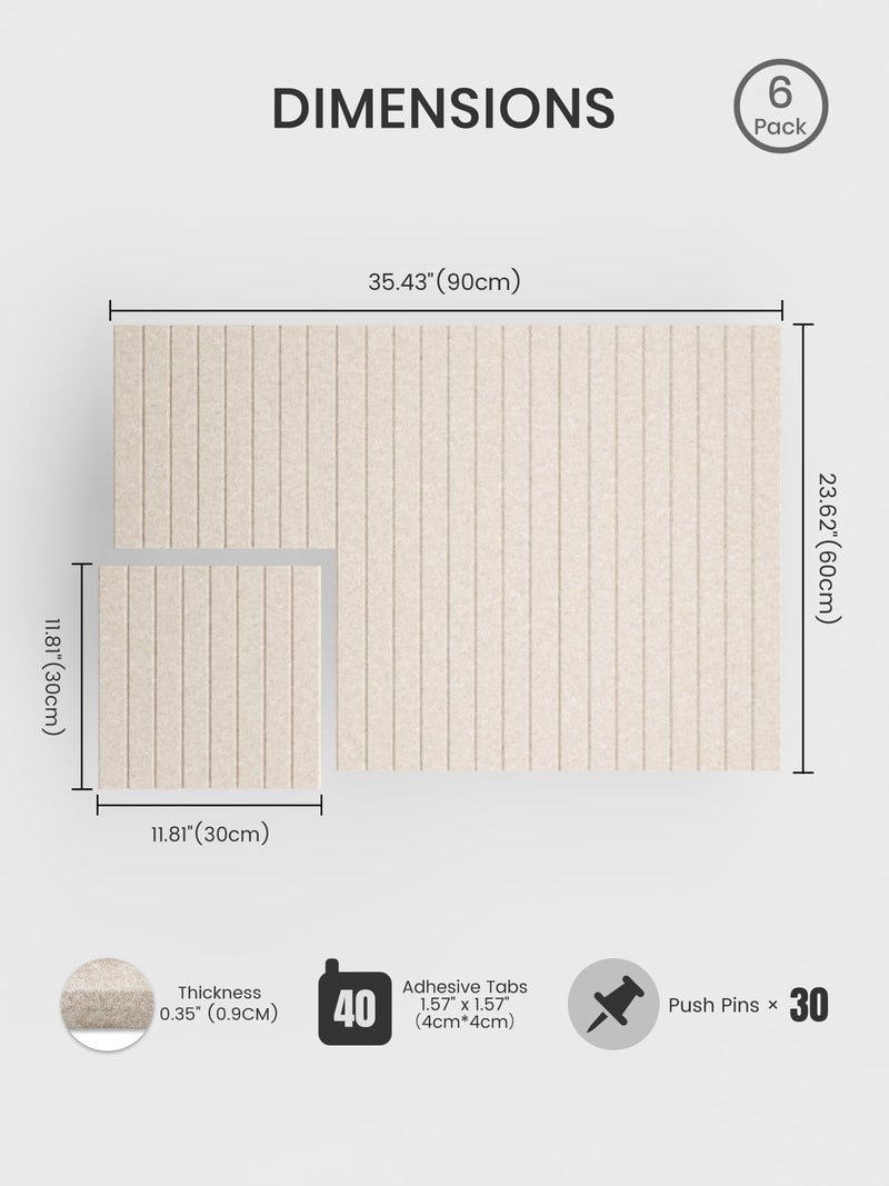 Bumusty Large Cork Board Alternative-36 x 24" Felt Bulletin Board Tiles, with 30 Pushpins, 40 Adhesive Tabs, 6-Pack Slat Wall Paneling, Cork Boards for Office Push Pin Board Felt Board-Oatmeal - Image 2