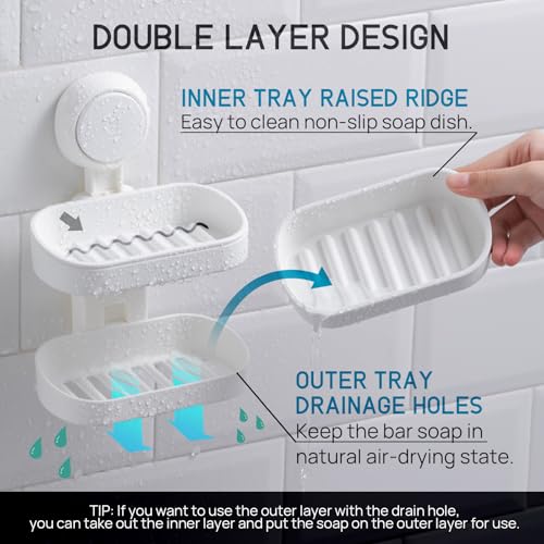 LEVERLOC Soap Dish Holder for Shower Double Layer Suction Cup Wall Mounted NO-Drilling Self Draining Removable Waterproof Strong Suction Bar Soap Sponge Holder for Shower Bathroom Bathtub Kitchen - Image 2