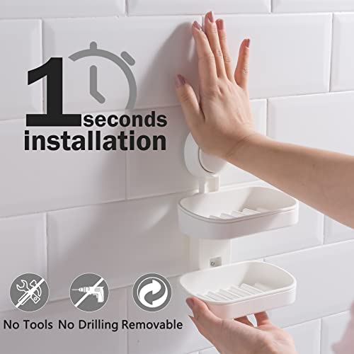 LEVERLOC Soap Dish Holder for Shower Double Layer Suction Cup Wall Mounted NO-Drilling Self Draining Removable Waterproof Strong Suction Bar Soap Sponge Holder for Shower Bathroom Bathtub Kitchen - Image 3
