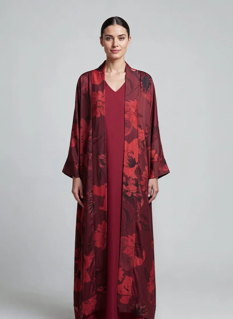 Burgundy Floral Bomb Satin Abaya Kaftan