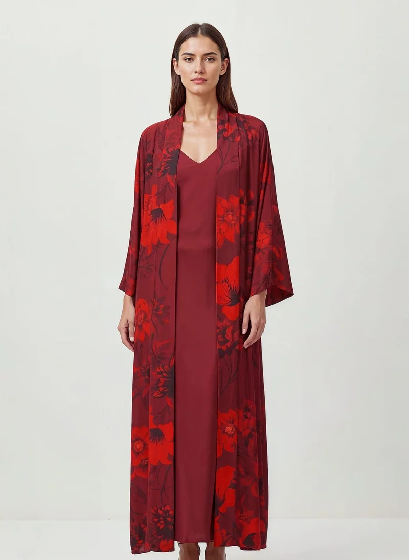 جانارا جونز Burgundy Floral Bomb Satin Abaya Kaftan