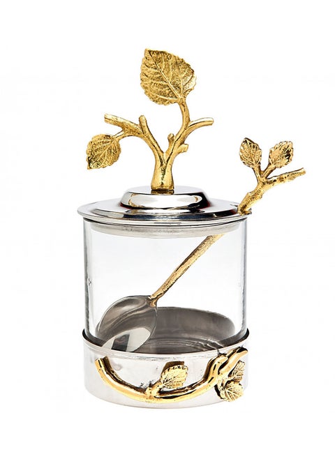 Godinger Leaf Jam/Honey Jar with Spoon, Silver/Brass