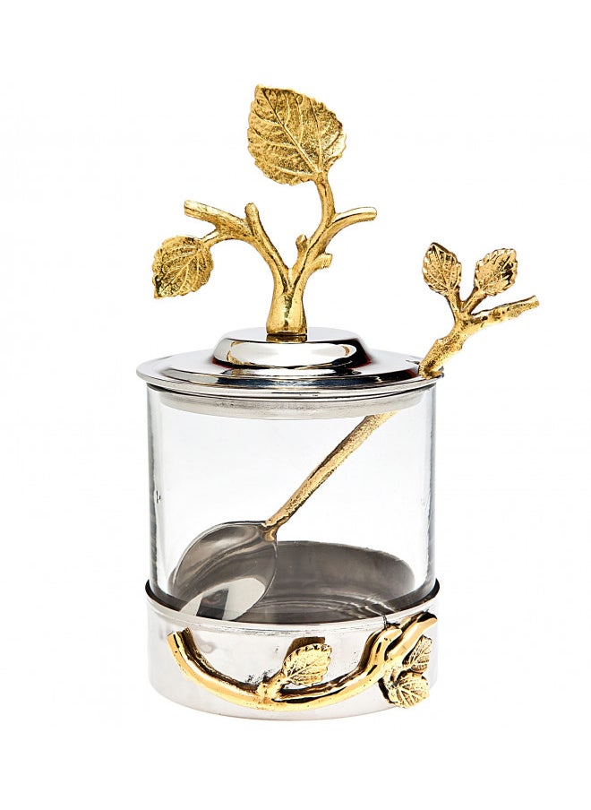 Godinger Leaf Jam/Honey Jar with Spoon, Silver/Brass