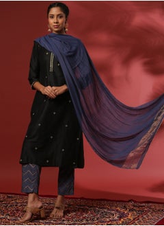 Abhishti Zari embroidered 3pc kurta set with contrast color pant and dupatta- black  - Image 5