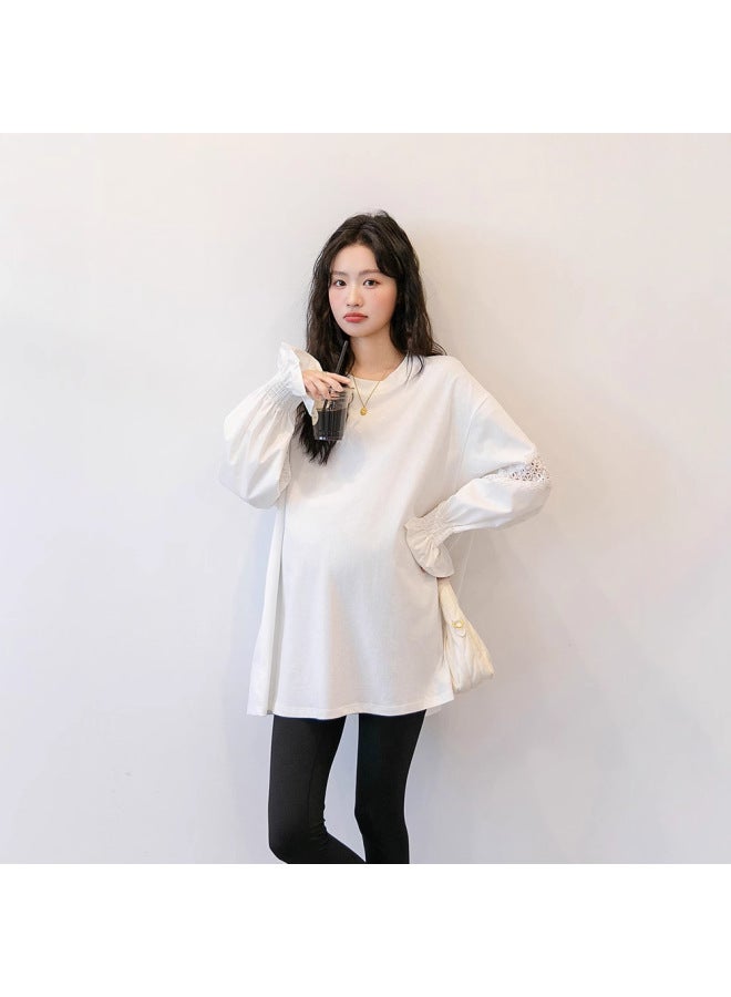 Pregnant Women's Fashion Design Lotus Leaf Sleeve Crewneck Large Edition Solid Color Pregnant Mother Base Solid Color Casual All-match T-shirt Spring 