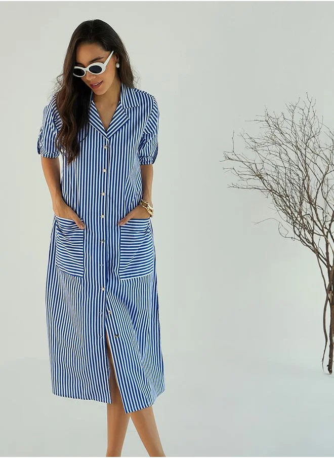 SASSAFRAS Striped Notch Lapel Shirt Midi Dress