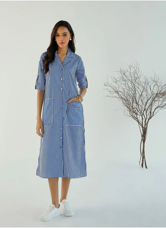 SASSAFRAS Striped Notch Lapel Shirt Midi Dress