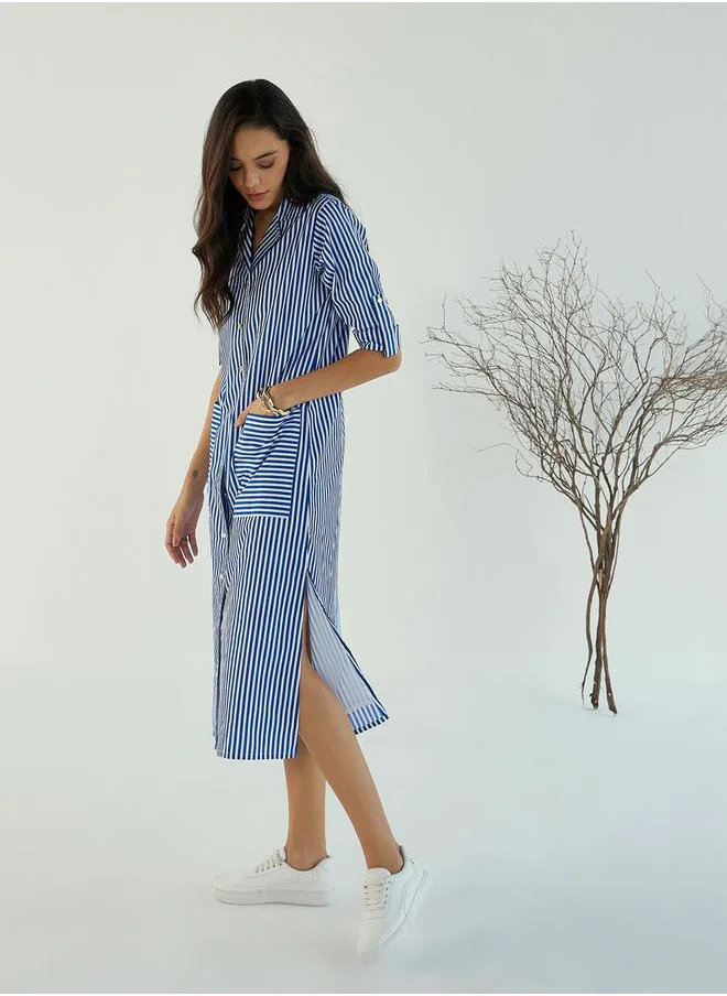 SASSAFRAS Striped Notch Lapel Shirt Midi Dress by Styli