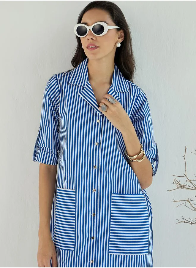 SASSAFRAS Striped Notch Lapel Shirt Midi Dress by Styli
