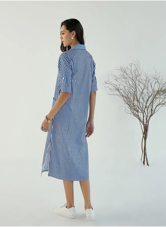 SASSAFRAS Striped Notch Lapel Shirt Midi Dress by Styli