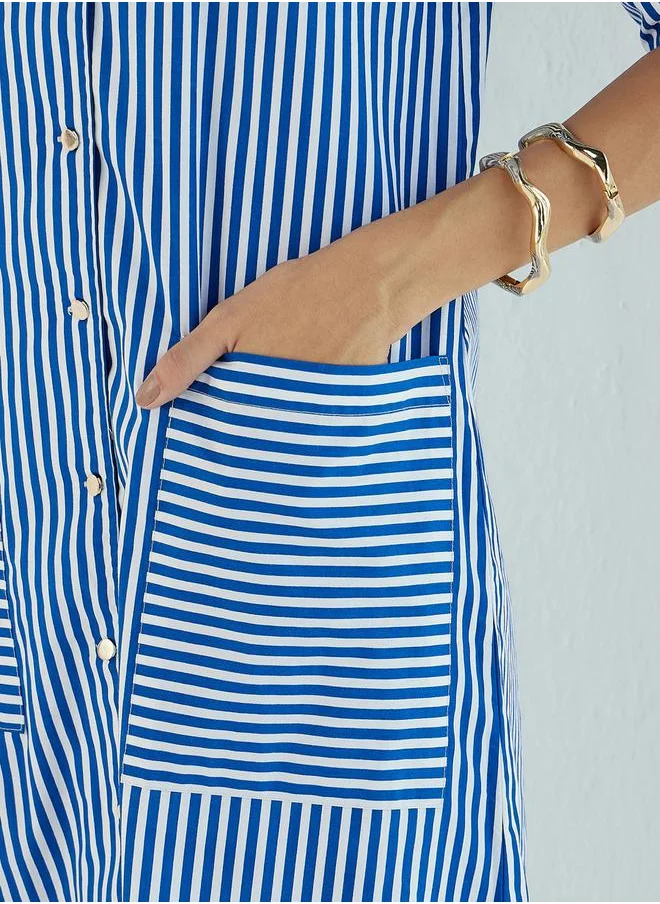 SASSAFRAS Striped Notch Lapel Shirt Midi Dress by Styli